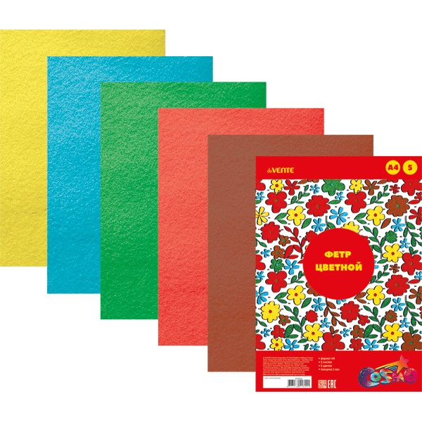 Фетр  5л (5цв)  Яркие цвета 1мм