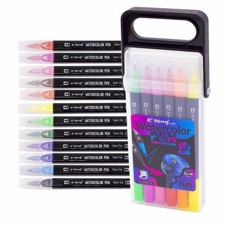 Фломастеры  двухсторонние 12цв. Кисть+пулевид., квадр.копус, плас