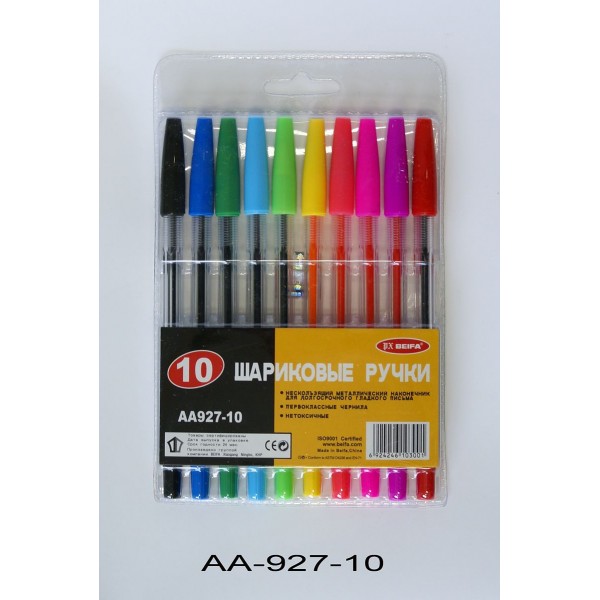 Набор шариковых ручек.10цв. Beifa прозр.корп,цв.колпачок,1.0мм