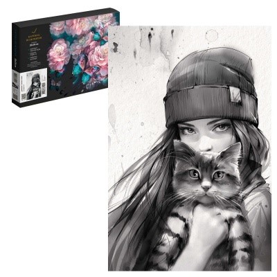 Картина по номерам 20*30 см Девушка с котом. Осень