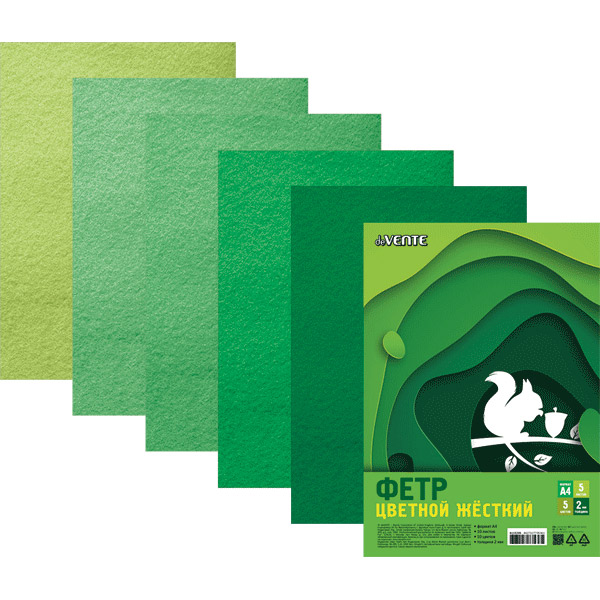 Фетр  5л (5цв)  Оттенки зеленого 2мм  жесткий