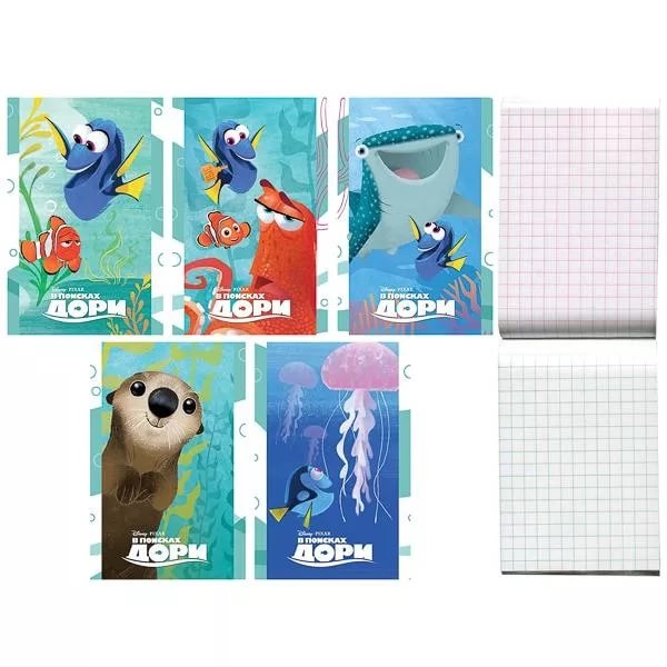 Блокнот А7  48л В поисках Немо и Дори, 3-х цв бл, клетка, на клею