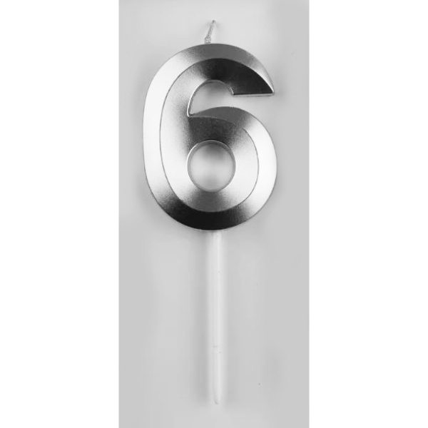Свеча д/торта цифра Серебро "6"  7см