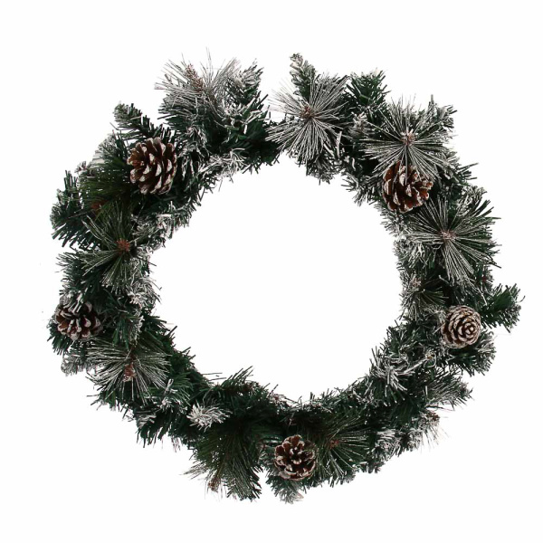 яВенок-хвоя 40см Заснеженный с шишками