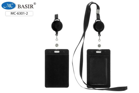 Бейдж 105*65мм с рулеткой и шнуром, чёрный кожзам 2 кармана