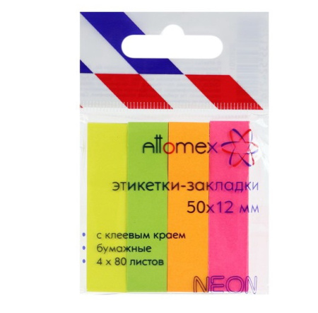 Стикер-закладка 12х50мм 4*80л Неон, пастель, бумага