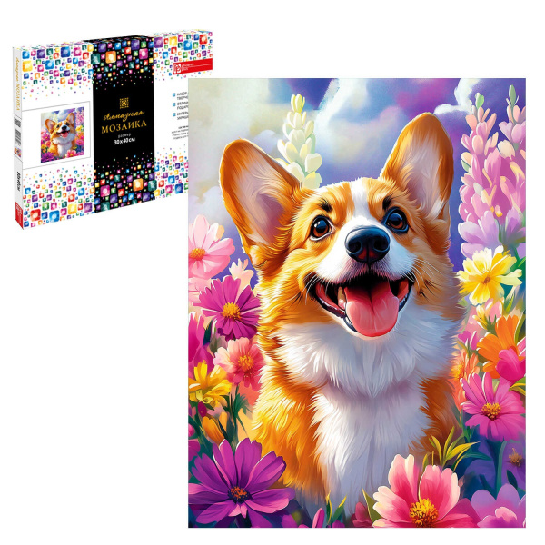 Алмазная мозаика 30*40см Корги в цветах
