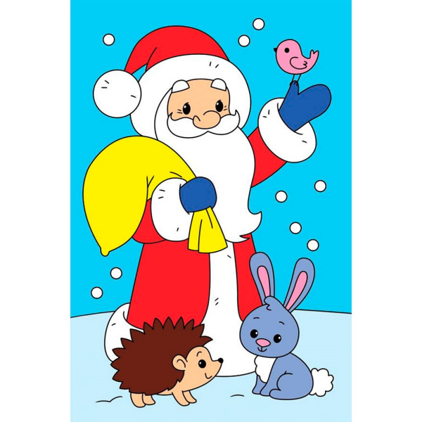 Картина по номерам 10*15 см Дед Мороз и зверюшки