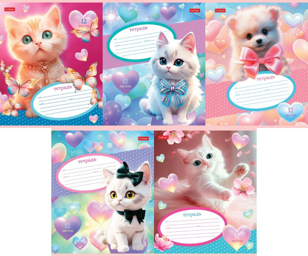 Тетрадь 12л клетка Гламурные ушки, скругл. углы, 5 диз.