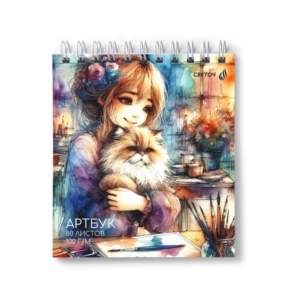 Скетчбук/гребень 166*175  80л Котячья нежность, жест. подл.