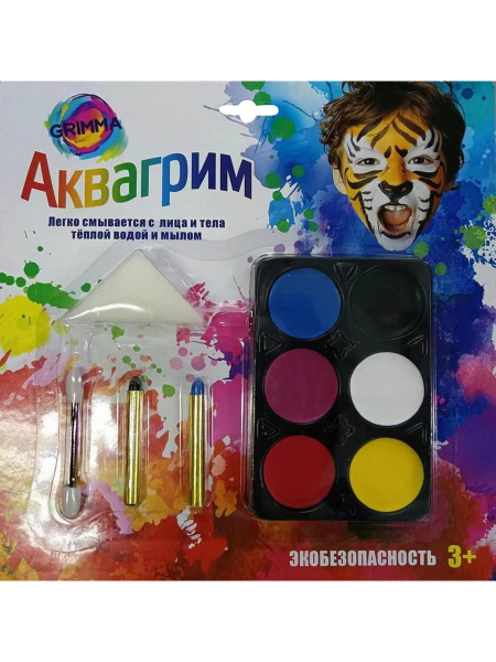 Набор аквагрима 6цв (карандаши, спонж, аппликатор)