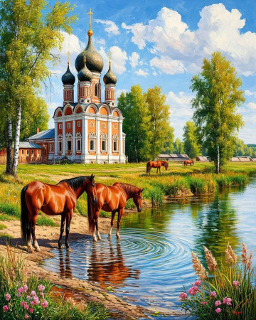 Картина по номерам 40*50 см Лошади на водопое