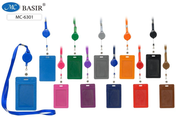 Бейдж 105*65мм с рулеткой и шнуром, ассорти кожзам 2 кармана