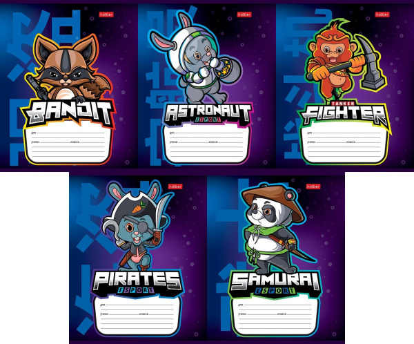 Тетрадь 12л клетка Кибер-герои, 5 диз., скругл. углы