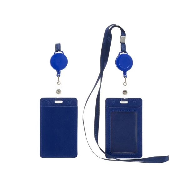 Бейдж 105*65мм с рулеткой и шнуром, синий кожзам 2 кармана