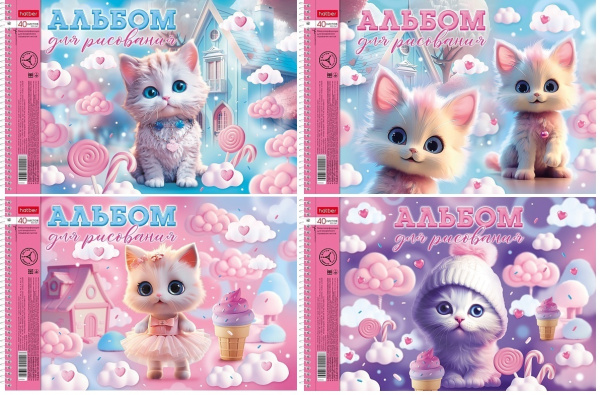 Альбом/гребень 40л Котики-зефирки, перфорация, 4 диз. металлиз.
