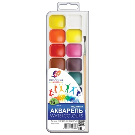 Краски акв. Классика Медовая 16цв. пластик уп. кисть Луч