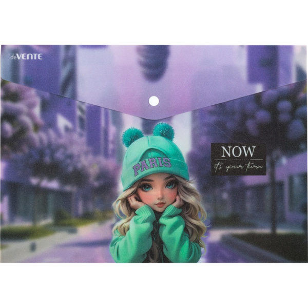Папка-конверт кнопка А4 Paris Girl, искрящ. фактура