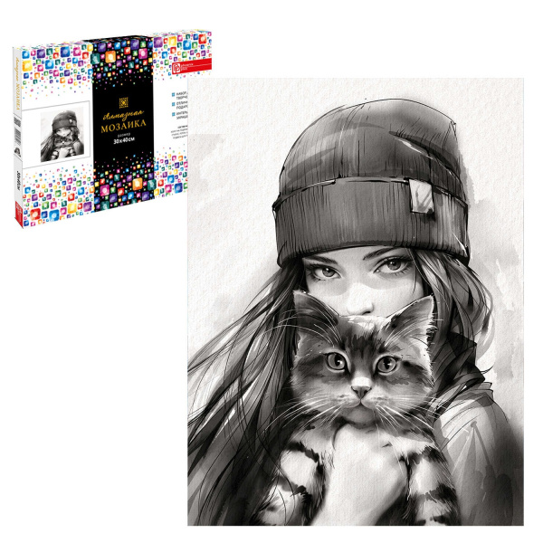 Алмазная мозаика 30*40см Девушка с котом. Осень