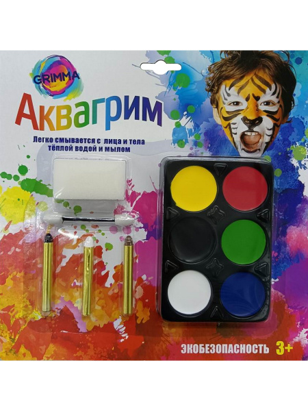 Набор аквагрима 6цв (карандаши, спонж, аппликатор)