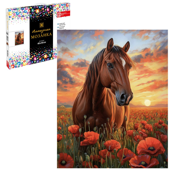 Алмазная мозаика 40*50см Лошадь в маковом поле