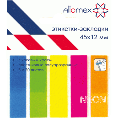 Стикер-закладка 12х50мм 5*20л Неон пластик