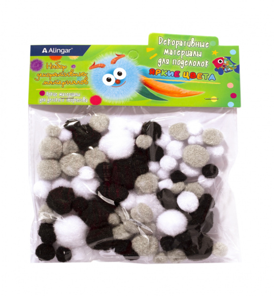 Набор д/творчества Пушистые помпоны  80шт. черный/белый/серый