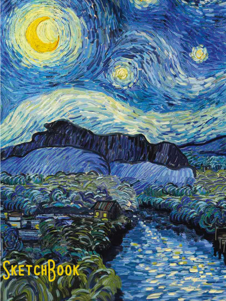 Скетчбук А5 7БЦ  80л Ван Гог.Звездная ночь-2, на резинке, выб.лак