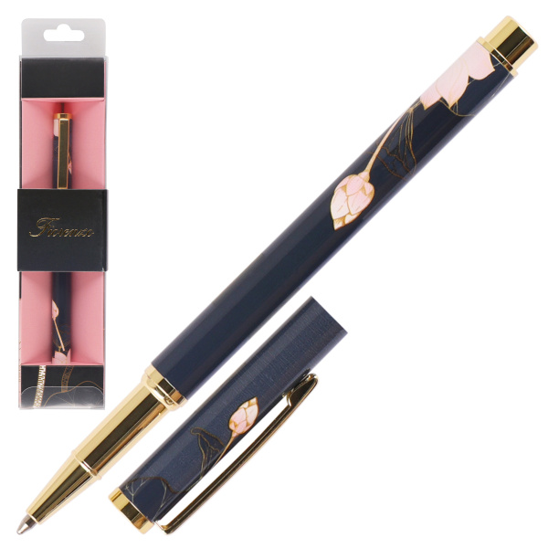 Ручка подар Fiorenzo Цветок лотоса на чёрном, чёрный корпус футля