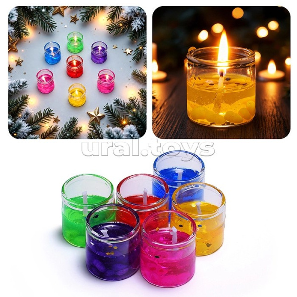 Свечи гелевые с блёстками в стаканчике, 6шт